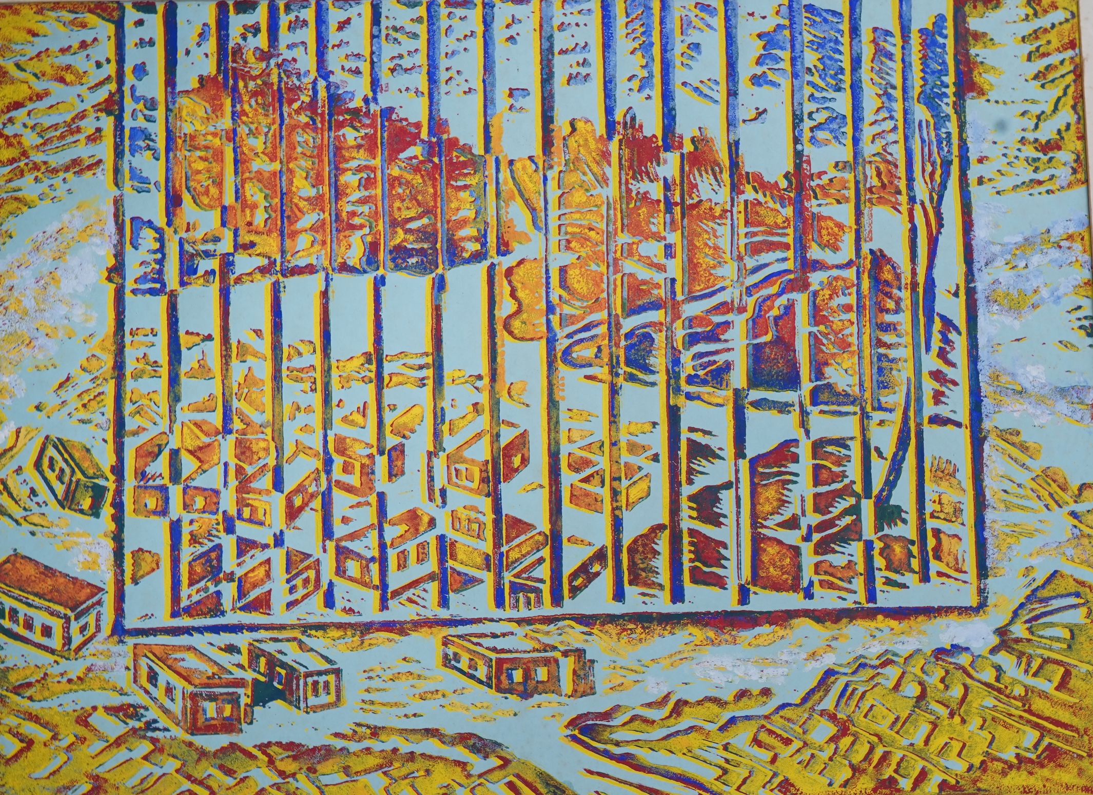 Andrew Chrysafi (b.1938), Cypriot landscapes and abstract compositions, a collection of linocuts, signed verso, mounted, unframed, largest 29 x 40cm